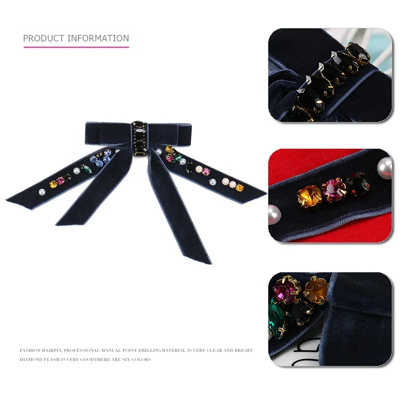Oversize Girls Women Velvet Hair Bow Clips Fashion Head Wear Colorful Crystals Hair Accessories