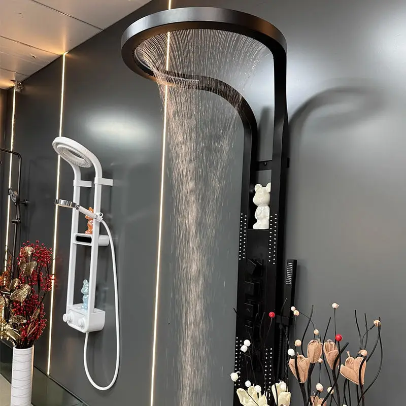 Fashionable Black Brass Wall Mounted Multi function Shower Panel Bathroom Large Waterfall Rainfall Shower Set