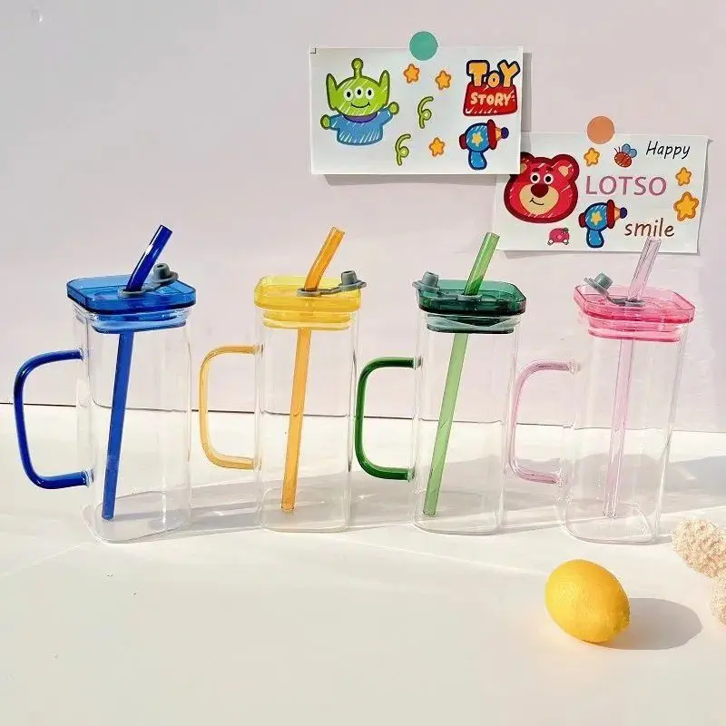 13.5 OZ Drinkware Glassware Clear Square Shape Beer Juice Milk Can Glass Cup With Plastic Colorful Handle Lid And Straw