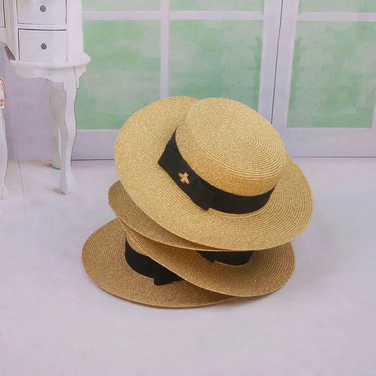 Unisex Summer Straw Women Wide Brim Flat Top Sunhat Sombreros Boater beach hats
