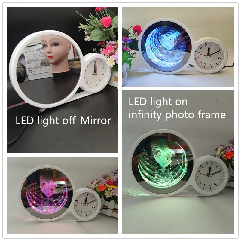Magic mirror photo frame with infinity led light and clock 4 in 1 multifunction