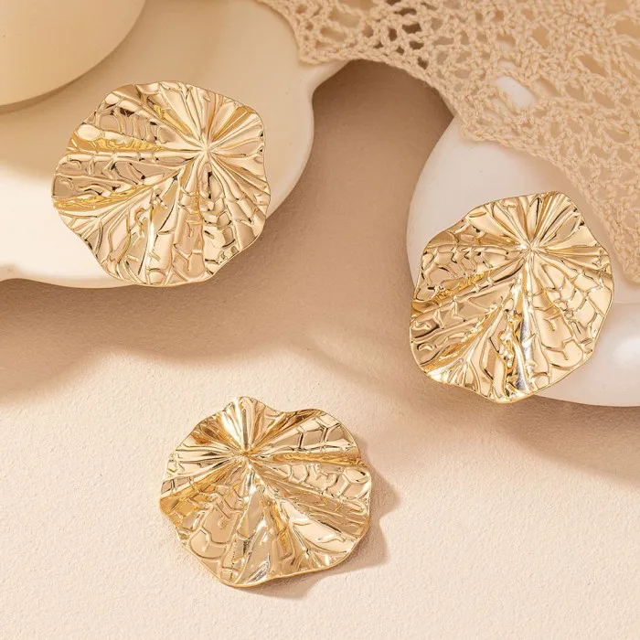Vintage Lotus Leaf Round Big Earrings ring set For Women new Design Hook Earrings Gold Silver Color Metal Earring Trendy Jewelry