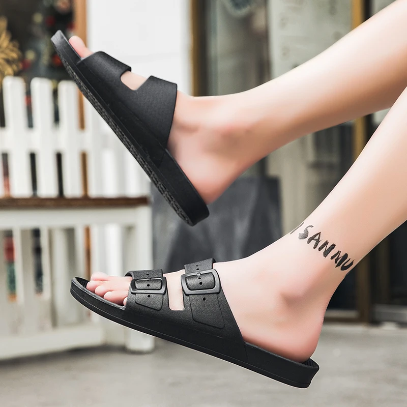 Luxury Designer Black Sandals for Men Custom Office Flat Straps Soft Comfortable Air Leather Clogs for Outdoor Use Cheap Branded