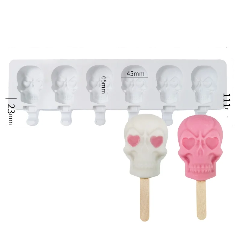 3D Diy skulls Popsicle ice cream silicone mold mould Six squares with cover and ice cream Household Home-made popsicle ice cream