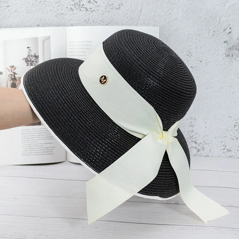 Hepburn lampshade straw hat female fairy sunscreen big brim hat bow tie retro hat French style