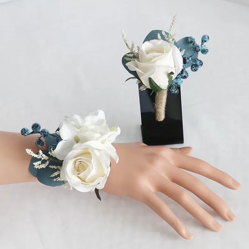 Groom Bride Corsage Simulation Silk White Rose Flower Business Conference Lapel Flower Wedding Bridesmaid Sister Wrist Flowers