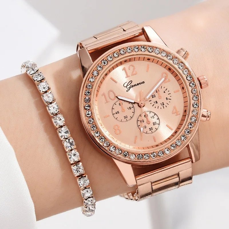 Free samples 5pcs Set Luxury Watch Women Ring Necklace Earring Rhinestone Fashion Wristwatch Casual Ladies Watches Bracelet Set