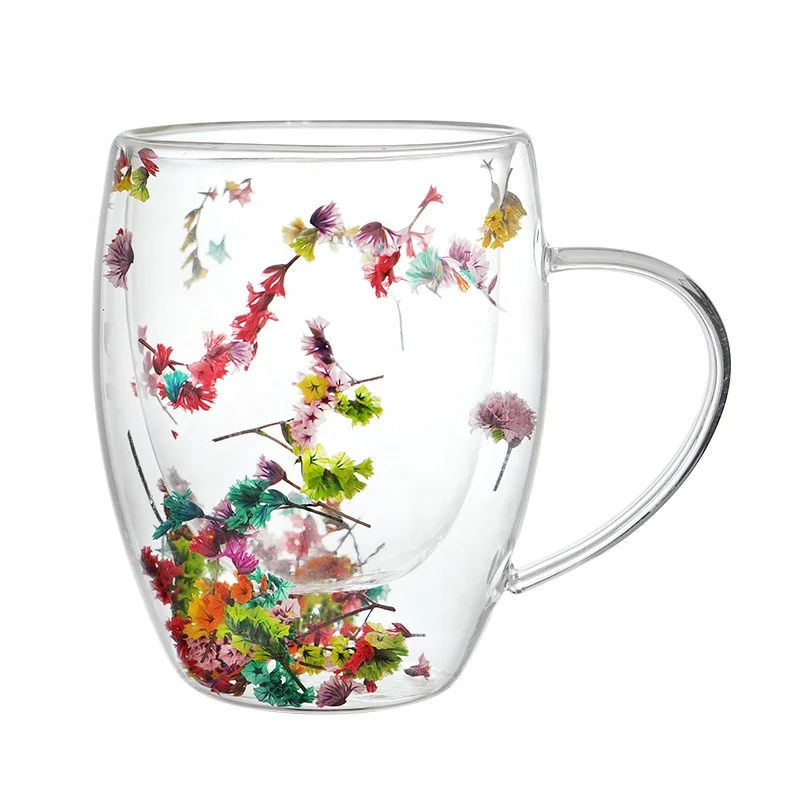 Double Wall High Borosilicate Coffee Glass Mug with dry flower decoration inside