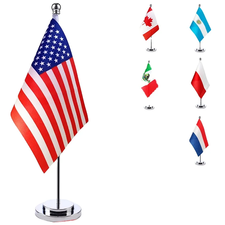 Manufacturer 14*21cm 100% Polyester Customized Factory Supply All Country Design Mini Desk Table Flag Base Stand