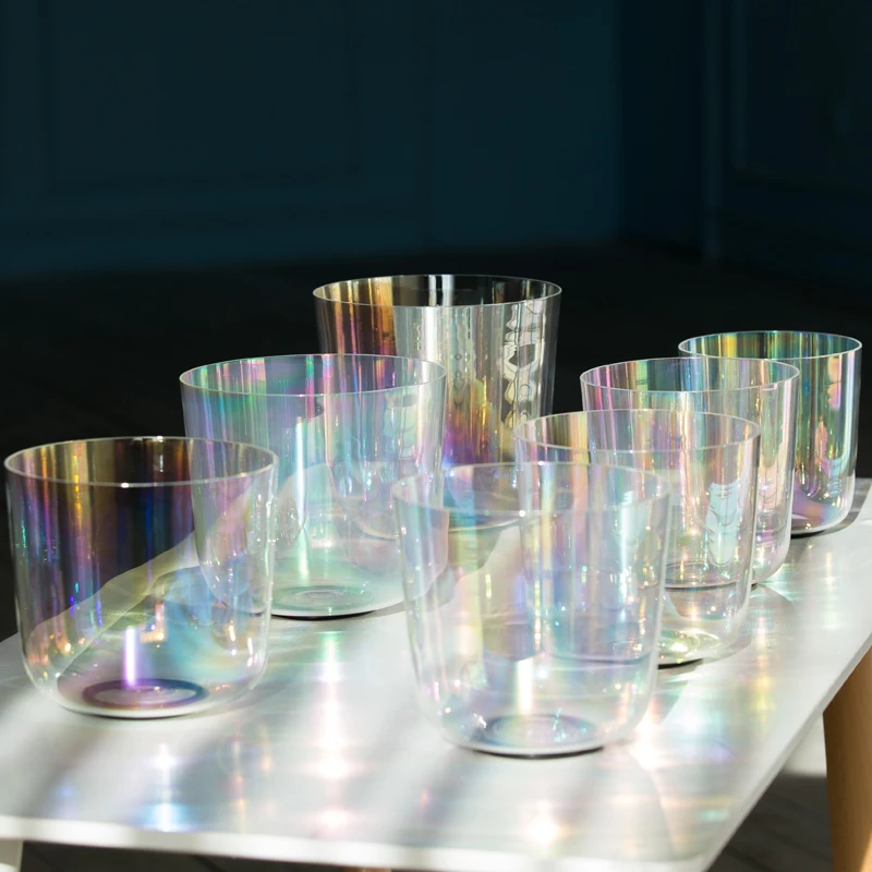 6-8 дюймов, 432 Гц, Космический свет, 7 шт. в наборе, прозрачная кварцевая Хрустальная Поющая чаша с подсветкой Авроры для звуковой терапии