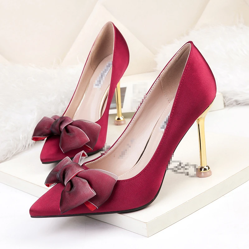 wholesale fashion designer shoe pointed toe bowknot silk high heel pump shoes