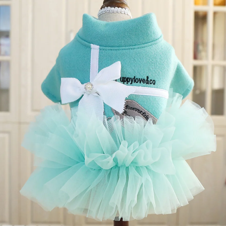 Warm Pet Clothes Wholesale Blue Cute Net Yarn Princess Dog Dress Brand Designer