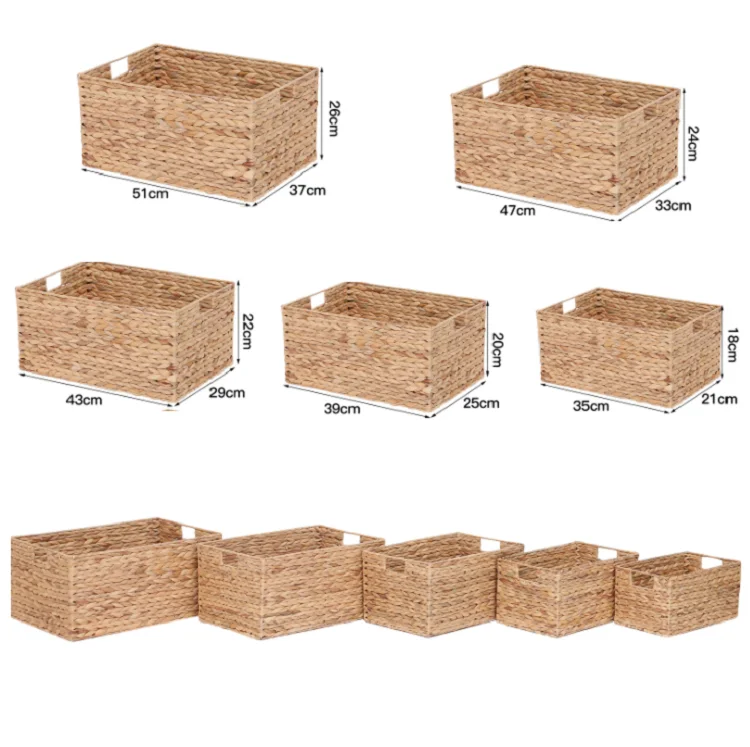 Eco Friendly Rectangular Water Hyacinth Woven Storage Baskets Panier For Organizing Straw Rope Woven Storage Baskets Set Of 3