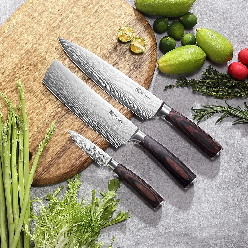 Professional Custom 3-in-1 Kitchen Knives set Stainless Steel Blade with Wooden Handle Kitchen Cleaver Paring Chef Knives Set
