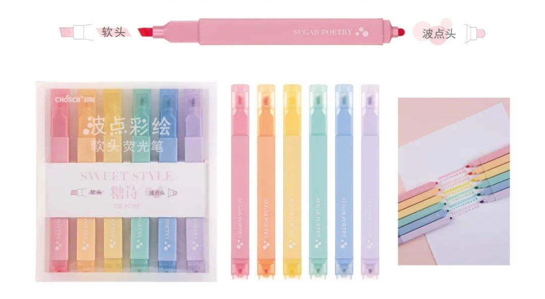 6 Pcs/set Painted Double-head Highlighter Diy Journaling Scrapbooking Polka Dot Softtip Marker&fluorescent Pen Stationery Kawaii