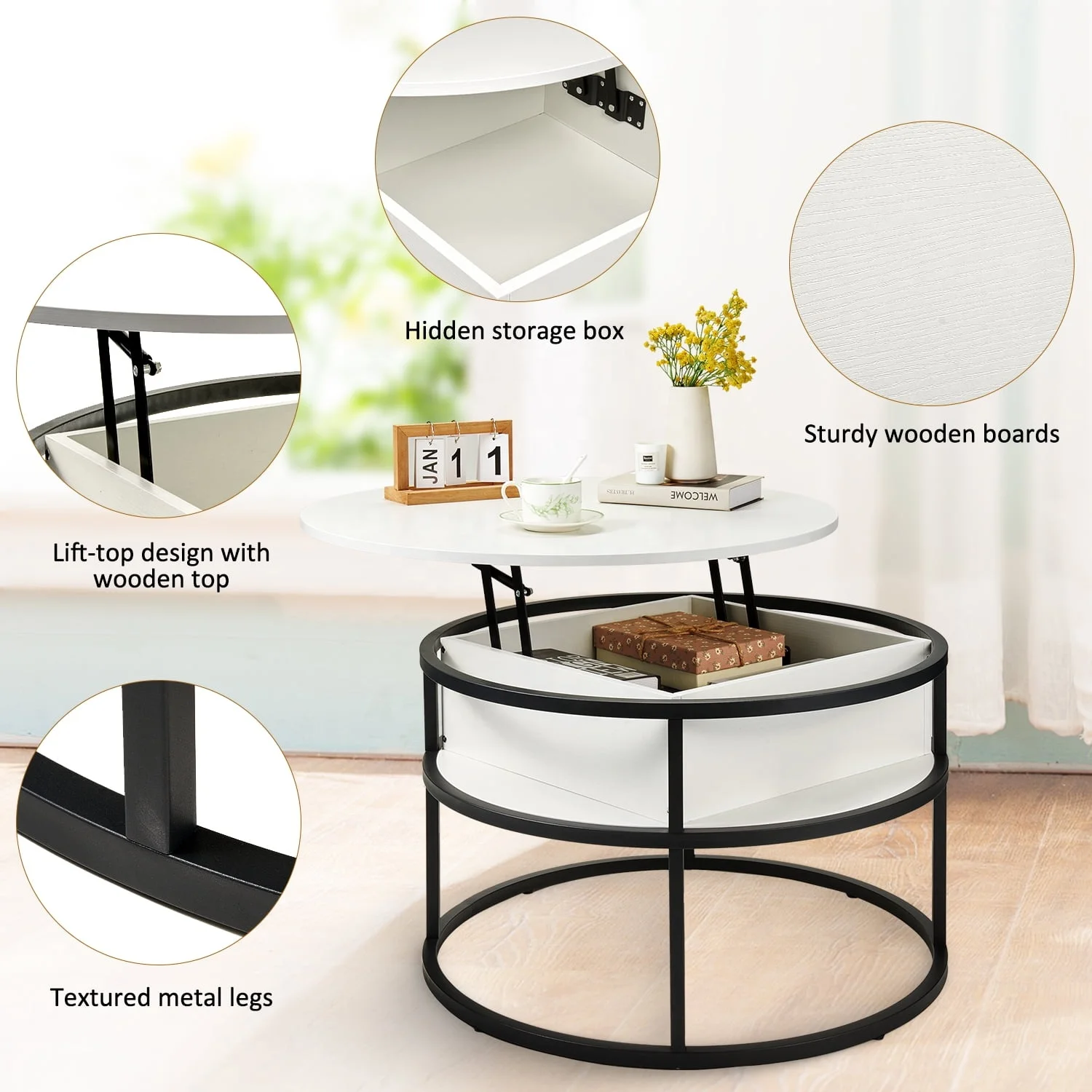 Modern Black White Circle Lift Top Round Home Office Wooden Living Room Center Coffee Tables Set with Hidden Storage