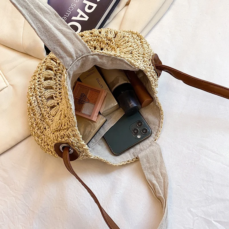 Cute bow crossbody woven handmade crochet round beach bag