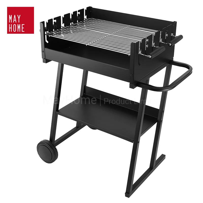 Квадратный угольный гриль с двумя решетками для приготовления пищи, барбекю, угольный гриль, двухколесный открытый