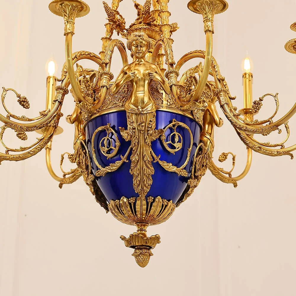 Vintage Rococo Bronze Chandelier Villa Living Room Blue Porcelain Chandelier