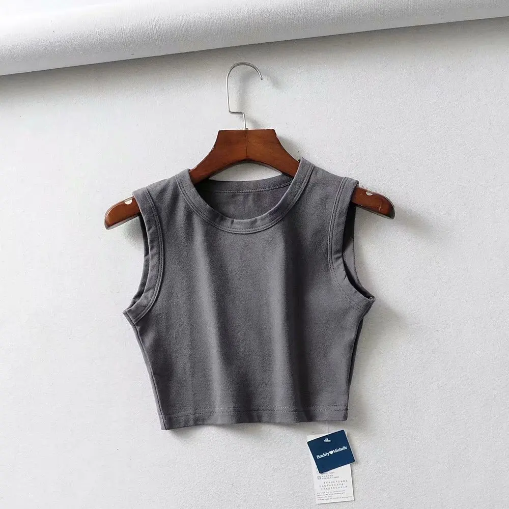 Time - less Women 95 Brushed Cotton Custom High Quality Round Neck Sleeveless Tank Shirt Crop Top