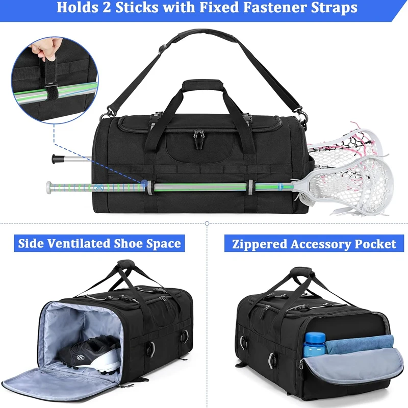 custom lacrosse gear backpack duffel sports bag multi-function large lacrosse bag holds 2 sticks with helmet holder shoe pockets