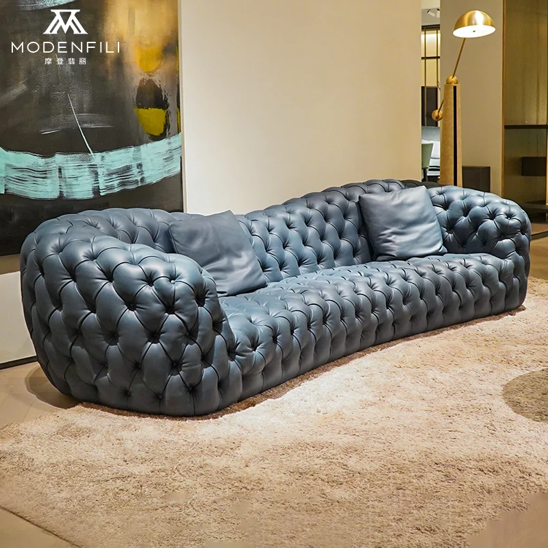Modenfili Luxury Modern Pull Button Design Livingroom Chesterfield Genuine Leather Furniture Sofa Set