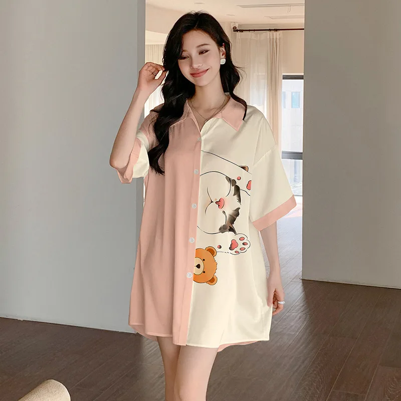 Samwestart wholesale free size long shirt printed nightgowns women one size pajamas luxury lingerie satin nighty