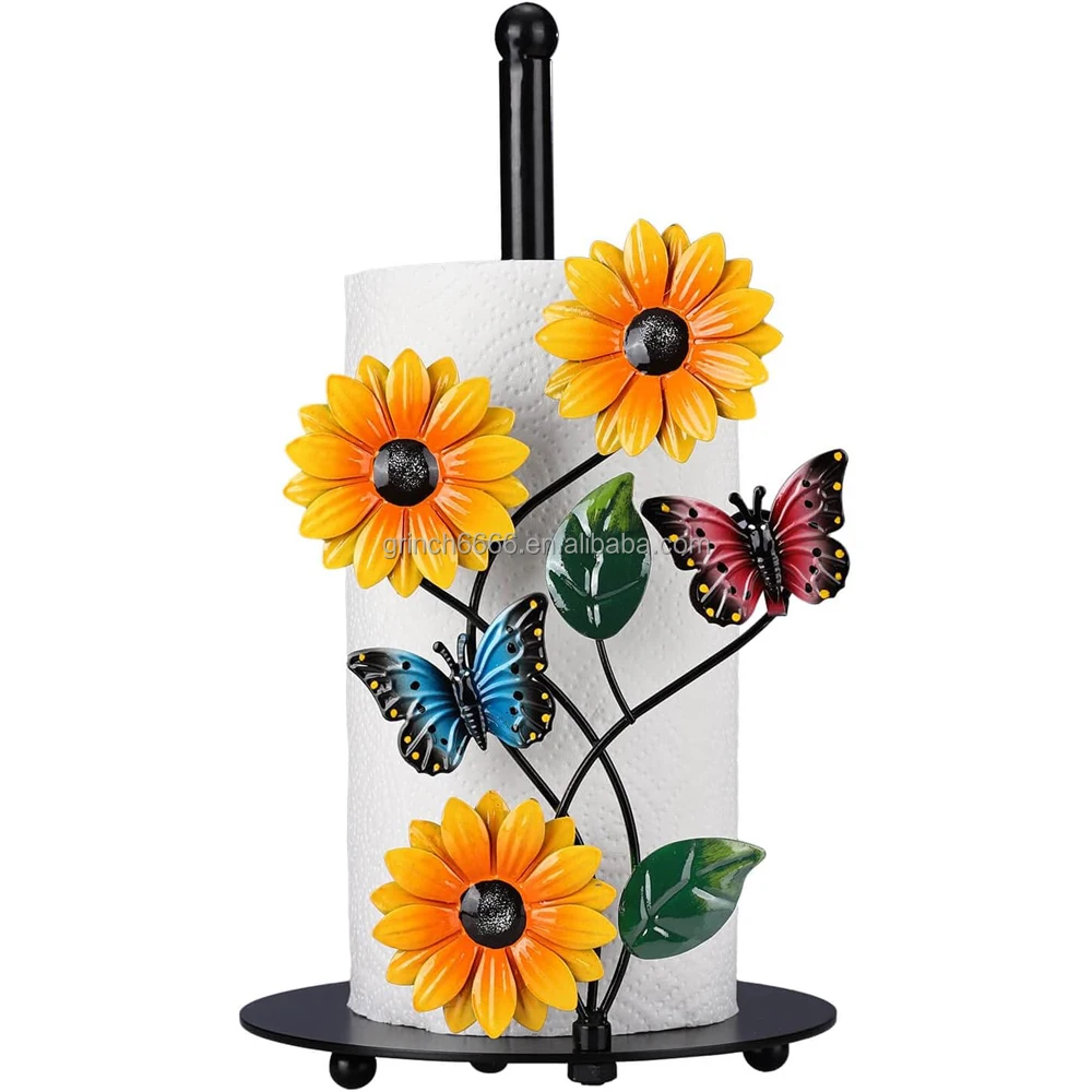 Sunflower Kitchen Paper Towel Holder Yellow Home Decor Accessories Black Metal Farmhouse Large Towel Stand for Countertops