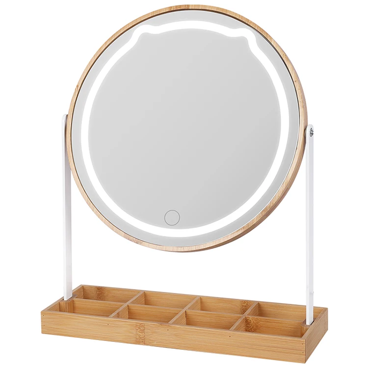 Suppliers custom tabletop reflection round smart cosmetic mirror makeup espejo brown vanity stand mirror with led lights