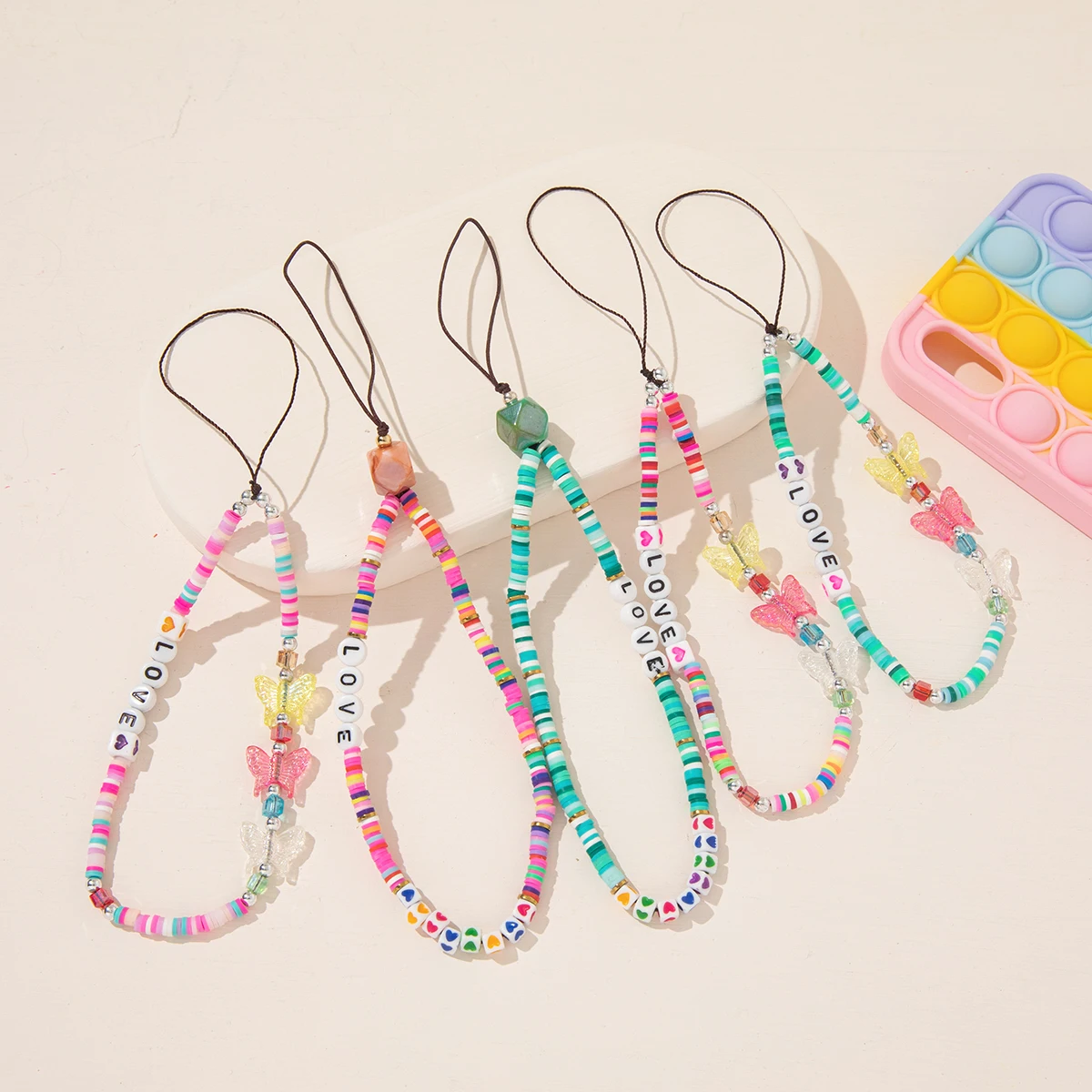 Mobile Chain Butterfly and Love Colorful Beaded Anti-lost Phone Strap Charm Handmade Gold Soft Pottery Flower Wrist Phone Chain