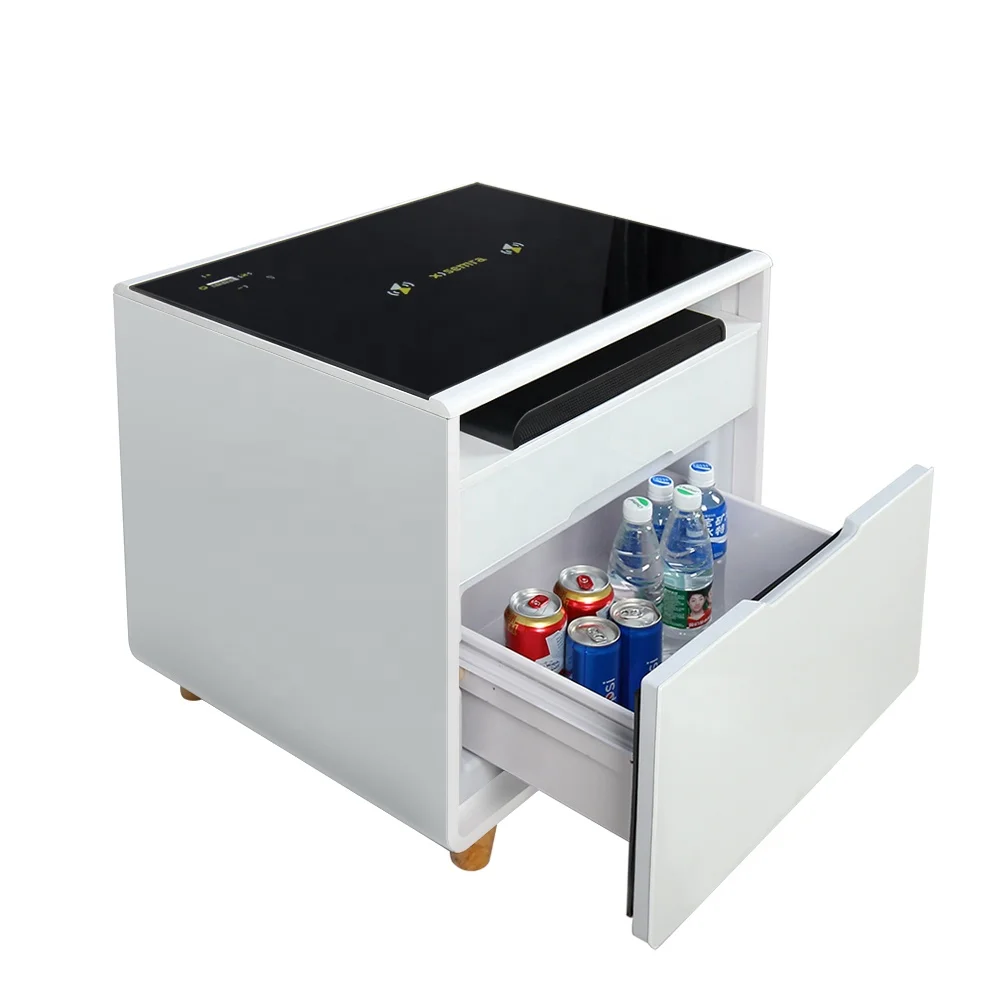 Bedroom Bedside Fridge Table Modern Cabinet with Micro Fridge Drawers Smart Bedside Fridge Cabinet with LED Nightlights Speakers