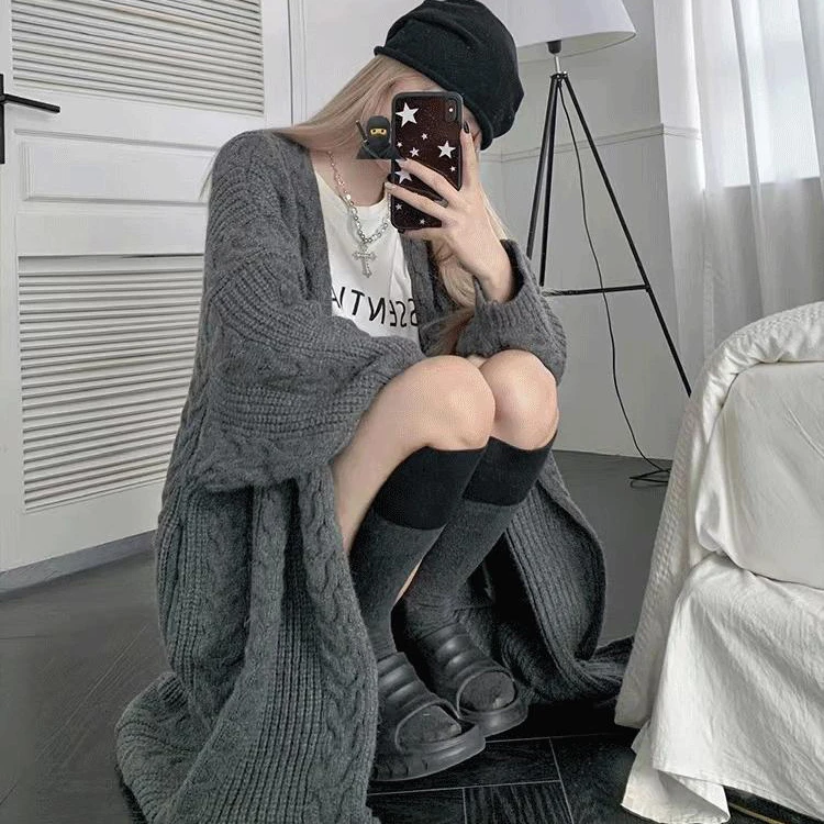 2024 new spring and fall loose thin medium-length thickened sweater coat fashion knitted cardigan female