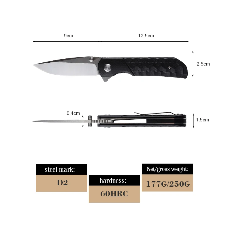 Free Sample 8.5In Factory Popular Big Size D2 Steel Blade Black Color G10 Handle Folding Hunting Survival Camping Knife Blanks