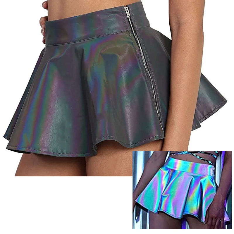 fashion A-line hi viz rainbow reflective women ladies Jk girl hot style club sexy short dress side zipper miniskirt mini skirt