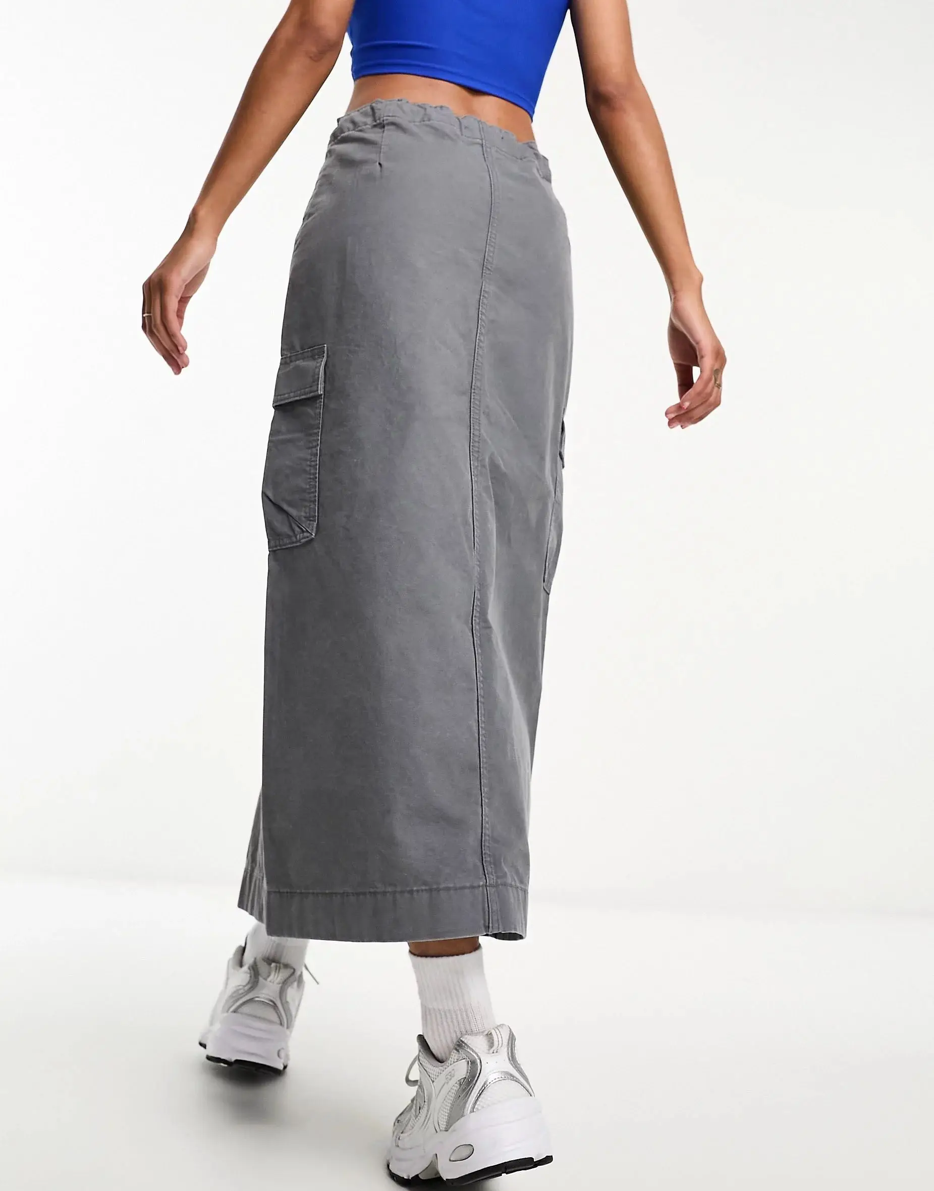High Quality Women Solid Color Loose Slit Vintage Maxi Cargo Skirt With Pockets Elastic Waist Skirt Women Clothing Skirt