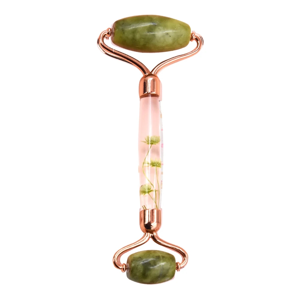 Privet lable skin care jade stone facial eye therapy skin tightening spa wrinkle remover massager face roller with flower handle
