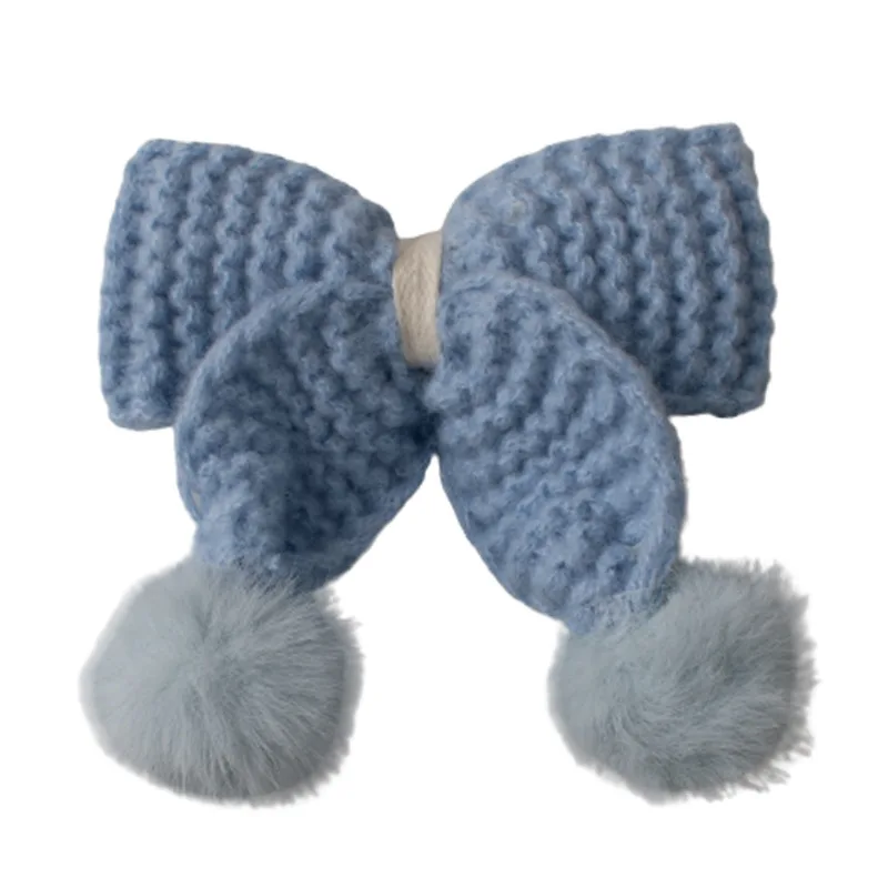 9cm Solid Color Crochet Hair Bow With Cute Pom Pom Decorated With Clips