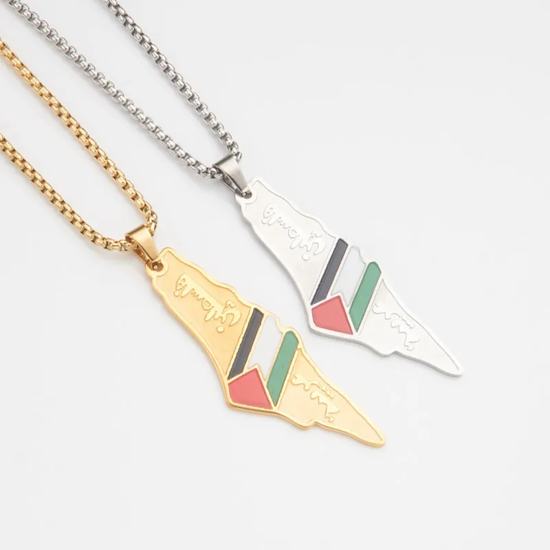 palestine charms Drip etched stainless steel Palestinian flag map pendant necklace Gold and silver plating
