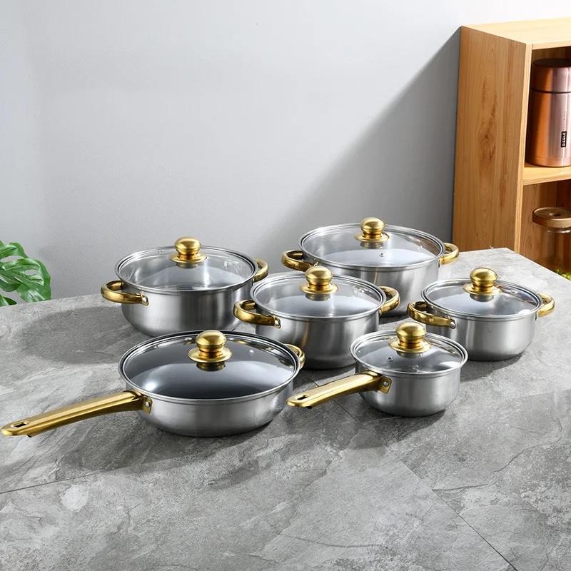 Classic Gold Handle Stainless Steel Stockpot Set Induction Bottom Sustainable Design for Home & Kitchen Use Food Commercial New