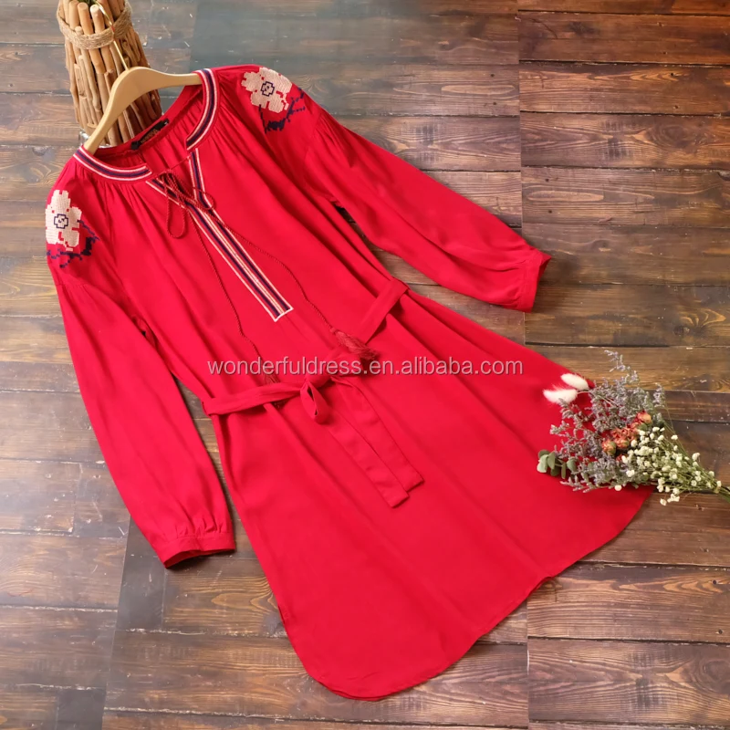 High quality classic Bohemian print embroidery V-neck summer casual fringe belt womenswear