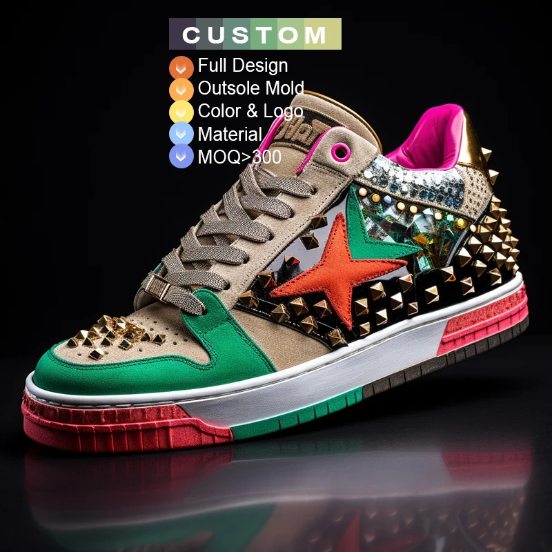 Custom men luxury brand Rhinestone Rivets shoes lace-up genuine leather shoe trendy studded sneakers designer footwear