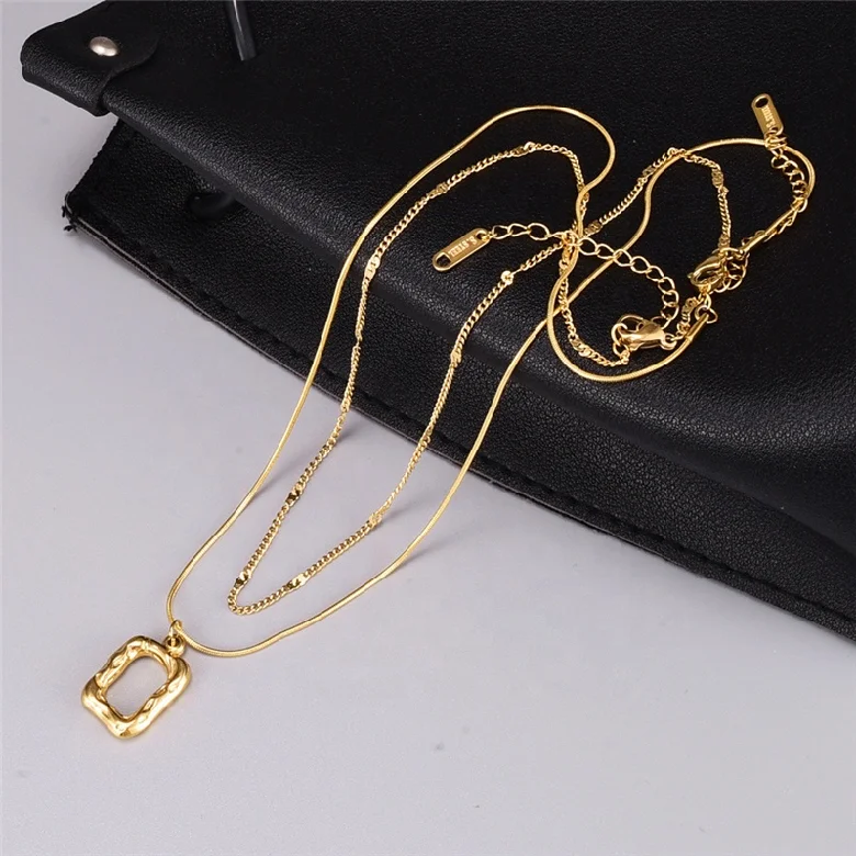 Trendy Jewelry Double Layer Round Snake Chain Hollow Square Charm Plated 18k Gold Stainless Steel Choker Necklace