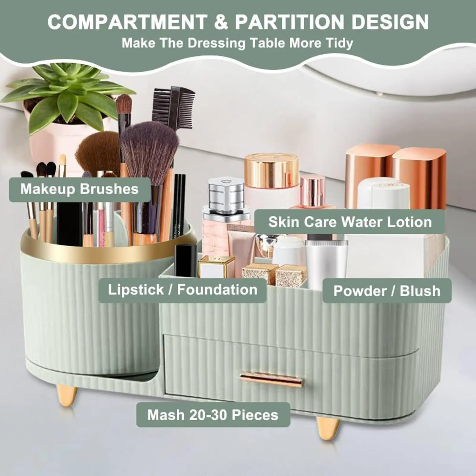 360° Rotating Makeup Organizer with Drawers Large Spinning Capacity Cosmetic Display Cases Bathroom Vanity Desktop Organizer