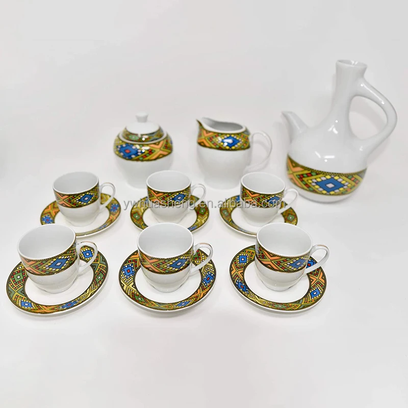 
HS 17pcs Tilet Saba Design Eritrean/Ethiopian Jebena Coffee Cups Set And Saucers Fine Porcelain 