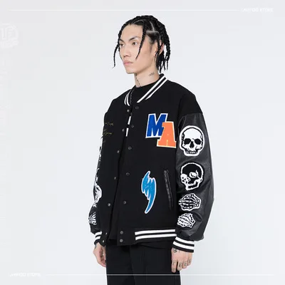 hip hop casual winter punk  streetwear vintage skull embroidery patchwork loose flocking unisex jacket coat
