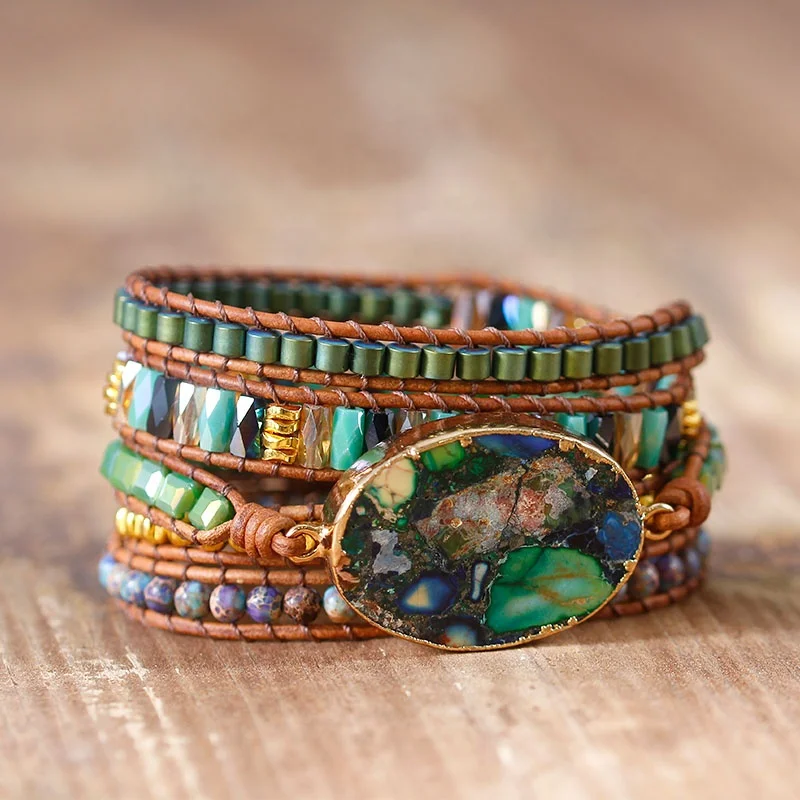 Handmade green bead wrap bracelet Bohemian leather bead bracelet with natural stone pendant center Classic jewelry Dropshipping