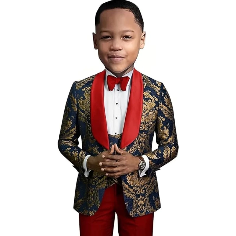 Luxury Boys Suits Set Shawl Lapel Tuxedo For Groom Tailored 3 Pieces Floral Wedding Suit Baroque Tuxedo Suite For Children