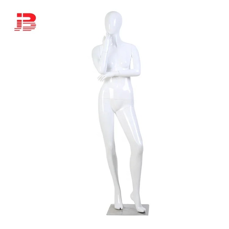 Glossy white egg head female mannequin with metal base call and rot heel chrome
