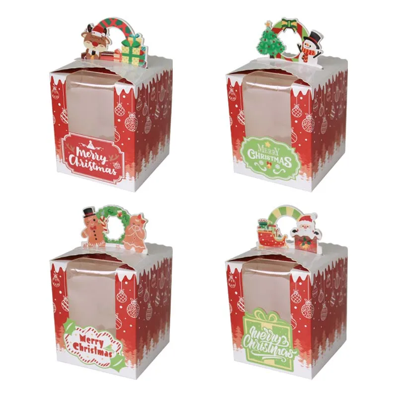Christmas Cupcake Cookie Boxes with Window Insert Handle  Muffin Pastry Holder Boxes Xmas Cupcake Gift