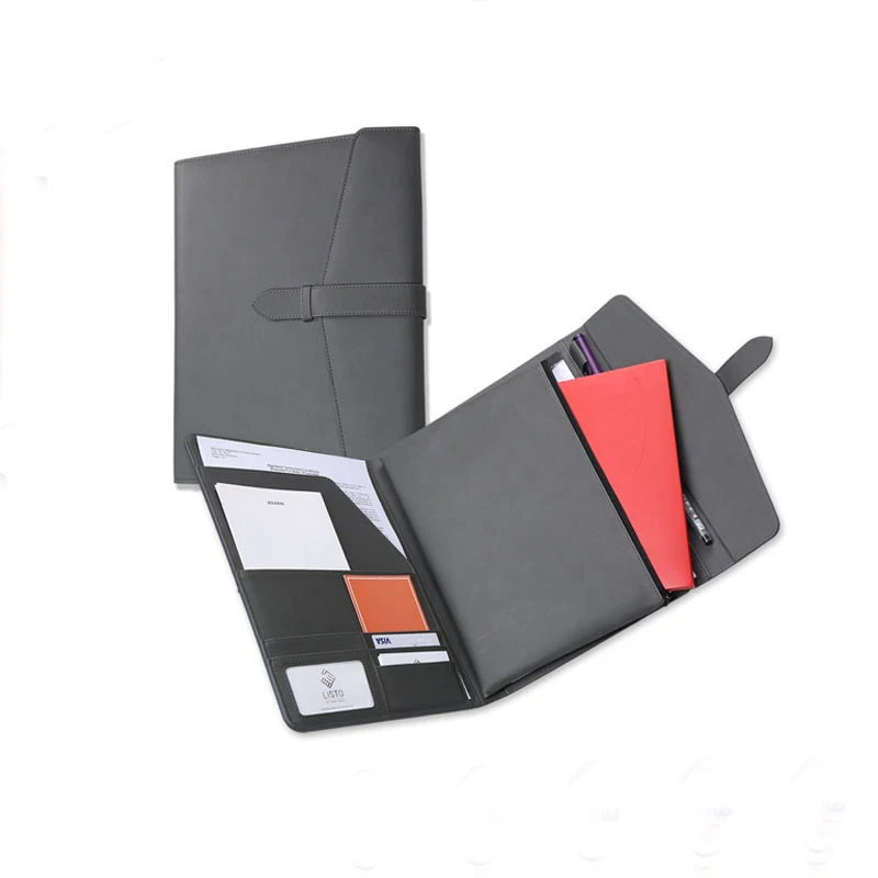 Wholesale A4 Gray PU Leather Conference Binder Simple Plain Padfolio High Quality Cheap A4 Business Leather Portfolio Folder
